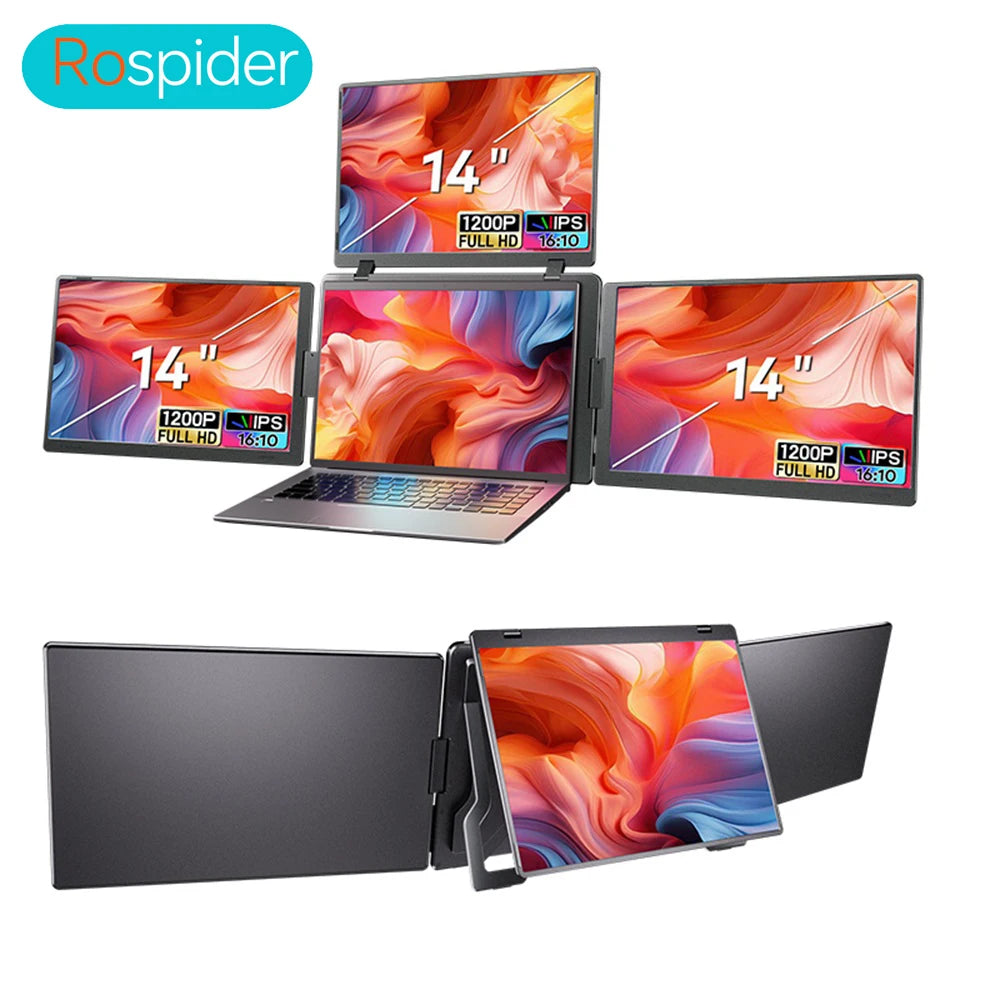 Rospider Portable Triple Screen Extender for Laptops – 14" to 18.5", FHD IPS, Foldable, Compatible with MacBook & Windows