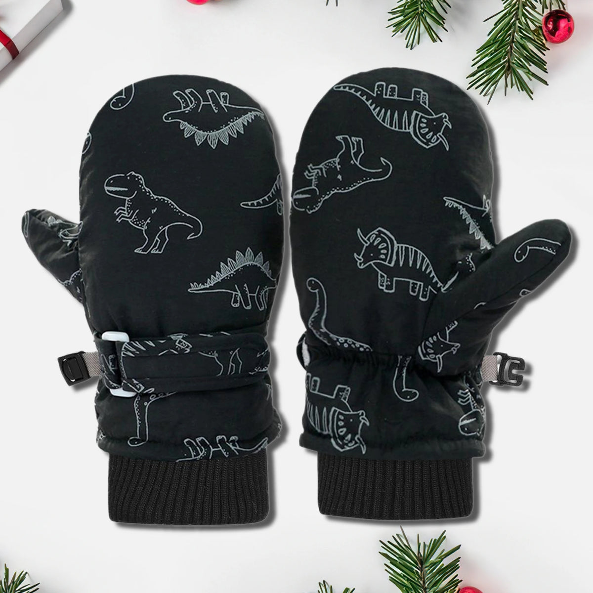 Kids' Dinosaur Print Fleece-Lined Snow Mittens