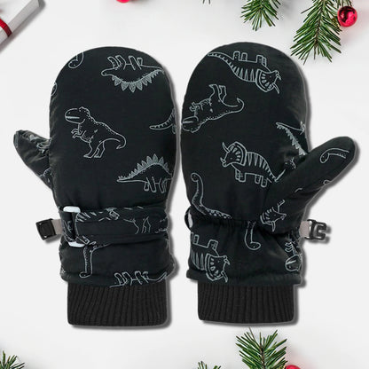 Muffole da neve foderate in pile con stampa dinosauri per bambini