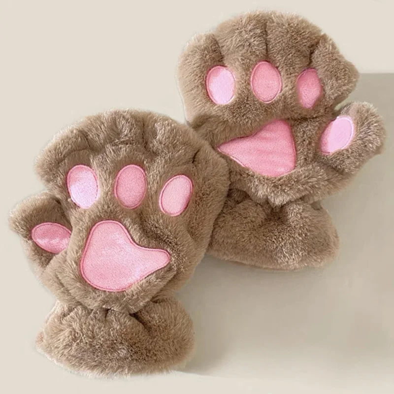 Women's Plush Cat Paw Fingerless Gloves