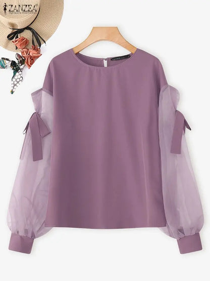 Mesh-Bluse mit Schleifendetail und Laternenärmeln