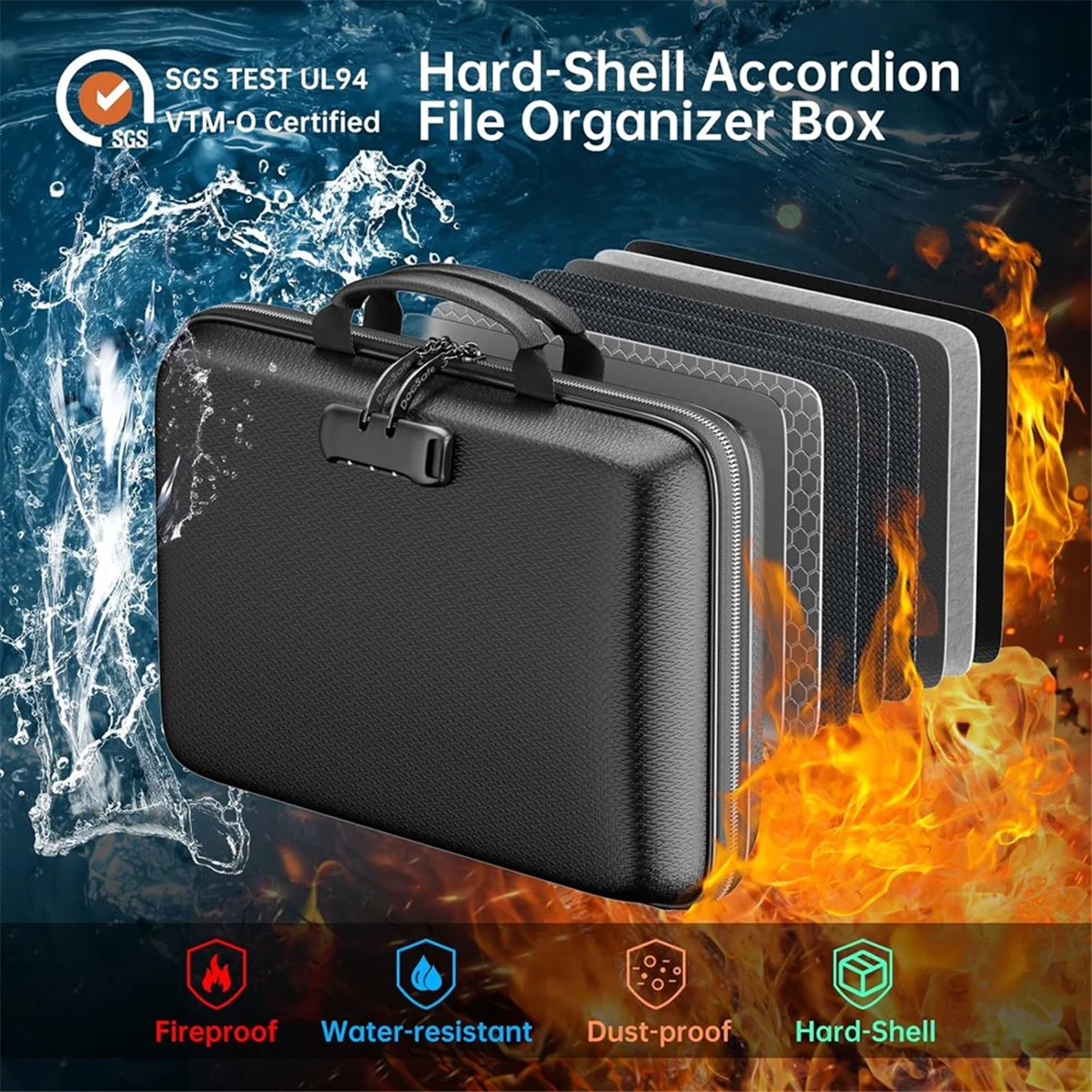 ABGV Fireproof File Organizer with Lock, Hard-Shell Case Fireproof Document Box with 13 Accordion File Folder, for Important