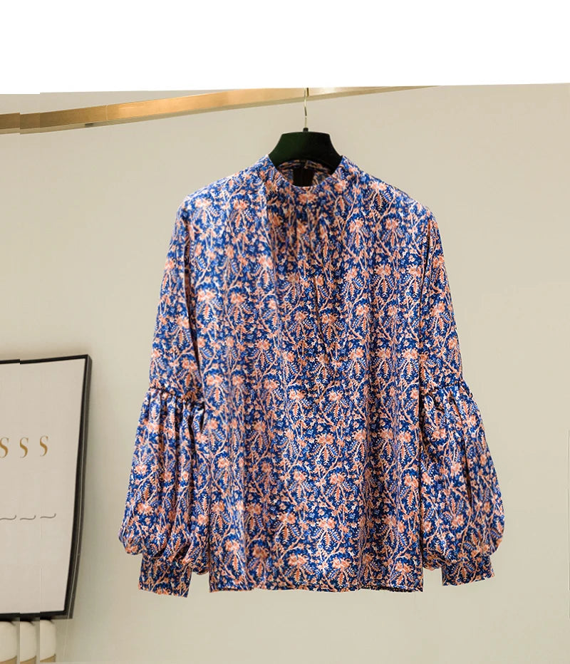 Floral Print Vintage Chiffon Stand Collar Lantern Sleeve Pullover Women's Blouse Shirt Casual Female Clothing Tops Fashion 2024