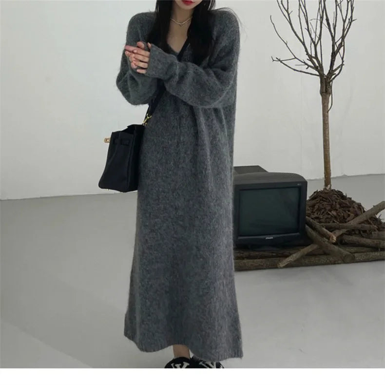 Women's Loose V-Neck Ankle-Length Dress