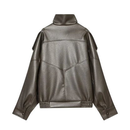 Chaqueta de cuero sintético con cremallera para mujer Guobioziy