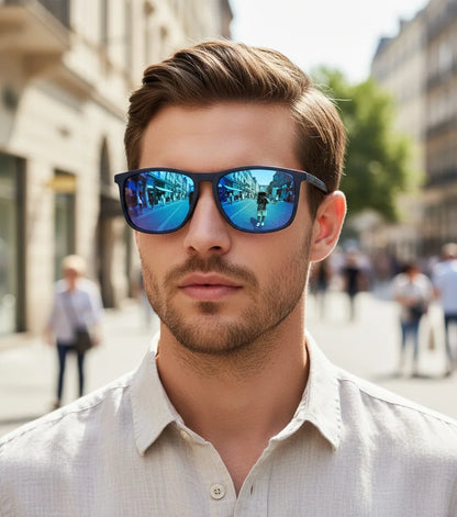 Man wearing reflective sunglasses on a city street