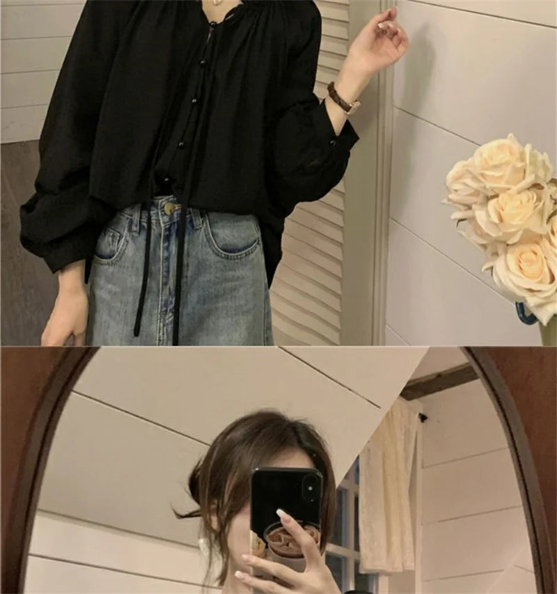 French Solid Color Leisure Women Sweet Solid Color V-neck Ruffled Edge Pullover Shirt Female Loose Fitting Lantern Sleeve Blouse