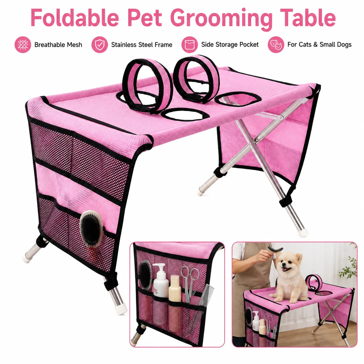Table de toilettage portable pour animaux de compagnie Station de bain pliable pour chiens Établi de toilettage pour chats Hauteur réglable Outil de coupe de poils et de griffes