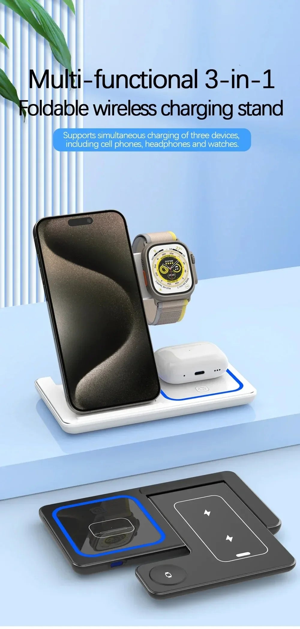 30W Foldable 3-in-1 Wireless Charging Stand with LED