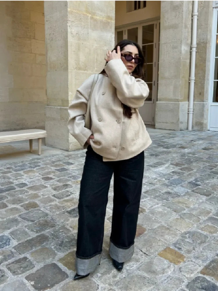 Classic Black High Neck Faux Wool Coats Women Chic Double Breasted Wide Sleeve Pocket Jackets Fall Winter Street Loose Outerwear