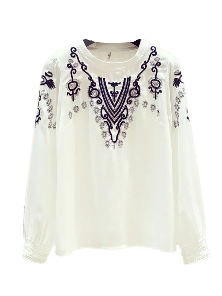 Korean Fashion Embroidery White Blouse Female Chiffon Female Long-sleeved Blusa Early Autumn New Shirt Tops KK1471