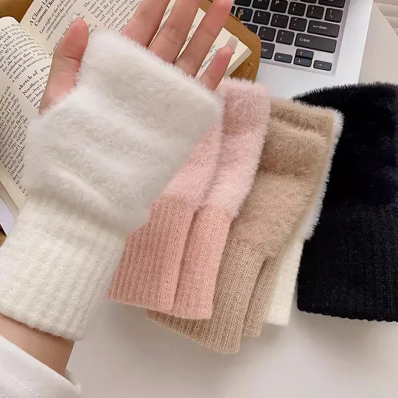 Women's Plush Knit Fingerless Gloves – Soft Wrist Warmers