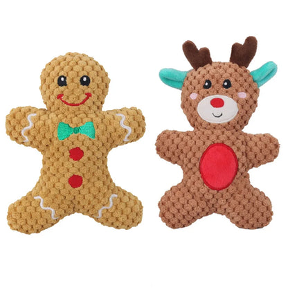 Plüsch-Kauspielzeug für Hunde mit Quietschgeräusch, Weihnachtsmotiv mit Nikolaus, Rentier, Lebkuchenmännchen und Donut, Weihnachts-Plüschspielzeug für Katzen und Hunde, Quietsche-Haustierspielzeug