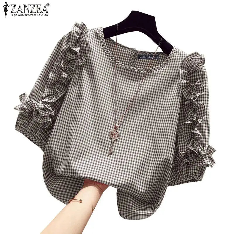 Ruffle-Trim Plaid Lantern-Sleeve Blouse