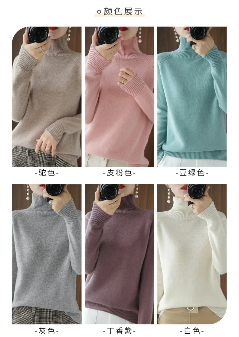 Fashion Basic Autumn Winter Merino Wool Sweater Mock Neck Cashmere Pullover Solid Color Soft Long Sleeve Basic Clothing Tops