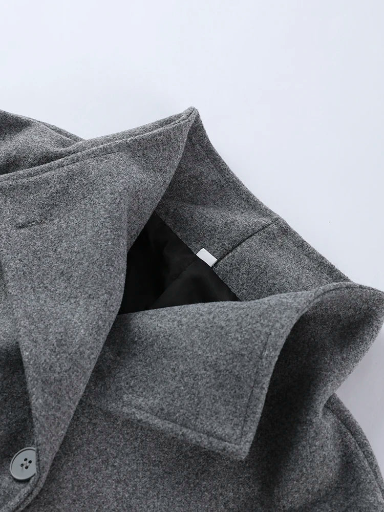 Classic Black High Neck Faux Wool Coats Women Chic Double Breasted Wide Sleeve Pocket Jackets Fall Winter Street Loose Outerwear