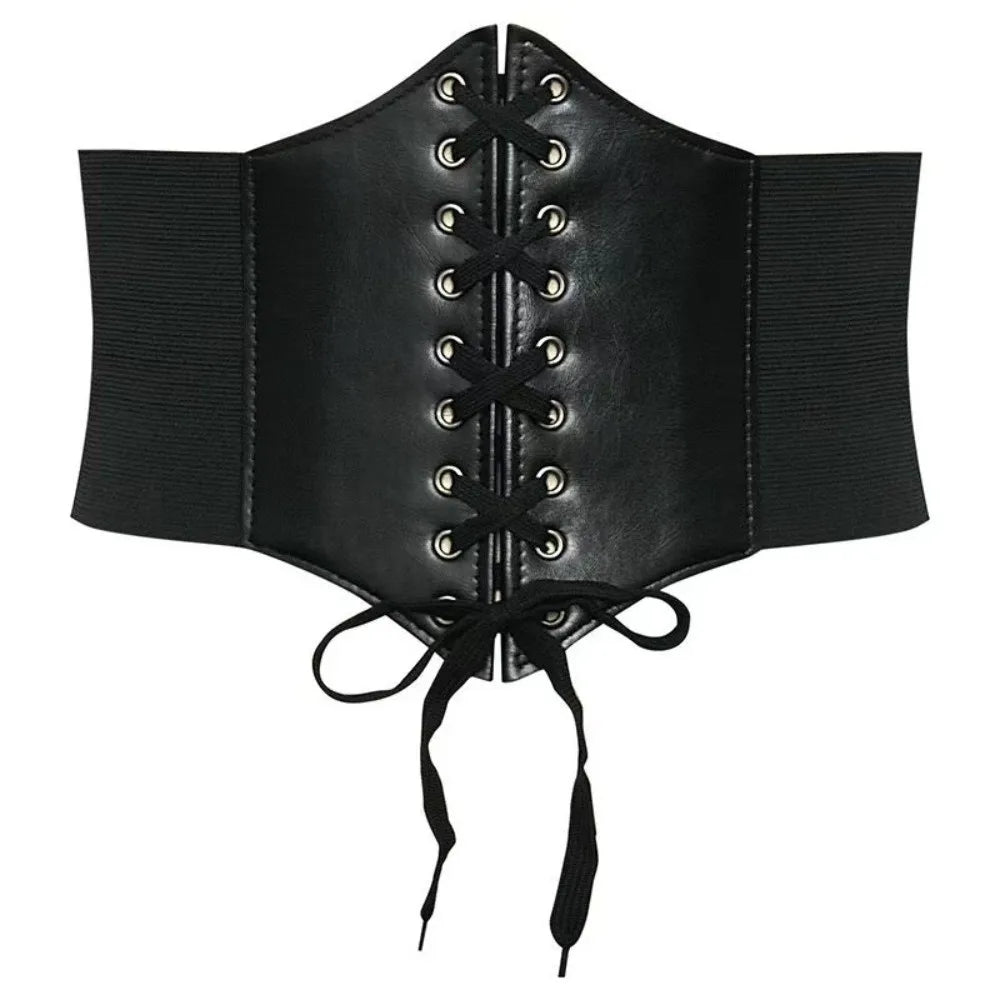 Women's Wide Elastic Corset Belt – Faux Leather Lace-Up Waist Belt