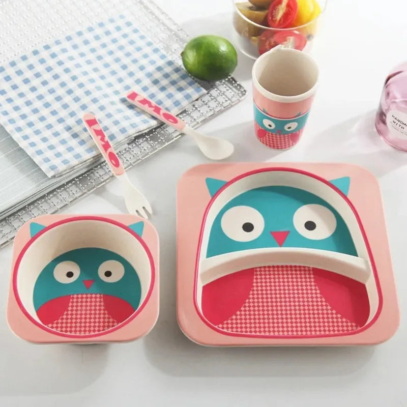 5-Piece Geometric Bamboo-Fibre Kids' Dinnerware Set