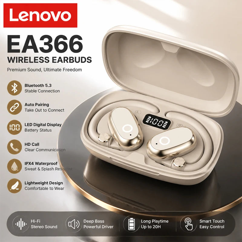 Lenovo EA366 Open-Ear Wireless Earbuds – Ear-Hook Bluetooth Headphones with Charging Case