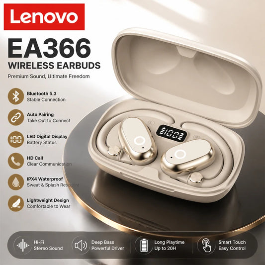 سماعات الأذن اللاسلكية المفتوحة Lenovo EA366 – سماعات بلوتوث بمشبك للأذن مع علبة شحن