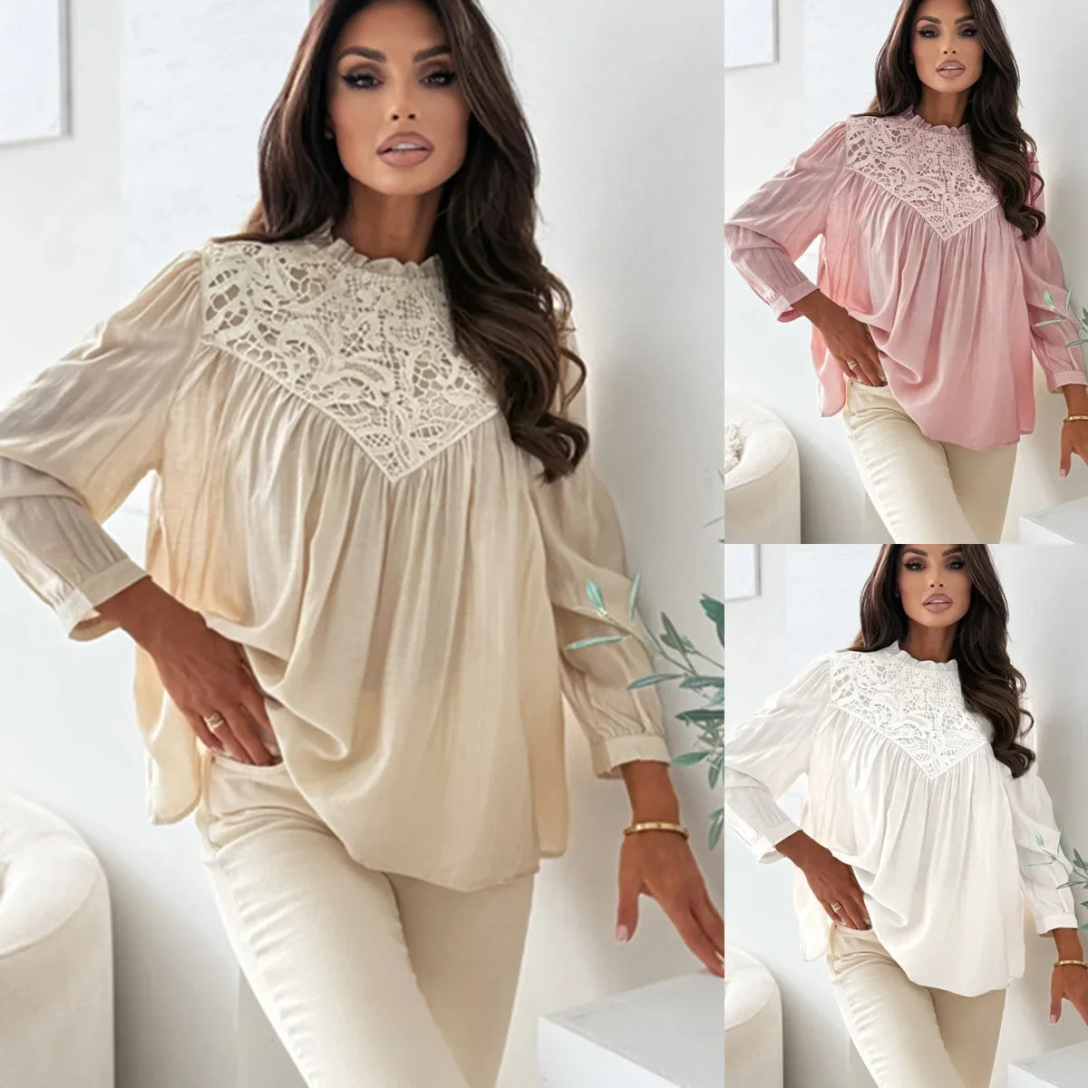 Mori New Chic Women Spring Autumn Lace Spliced Chiffon Blouse Ruffle Neck Lantern Long Sleeve Loose Fit Elegant Daily Tops