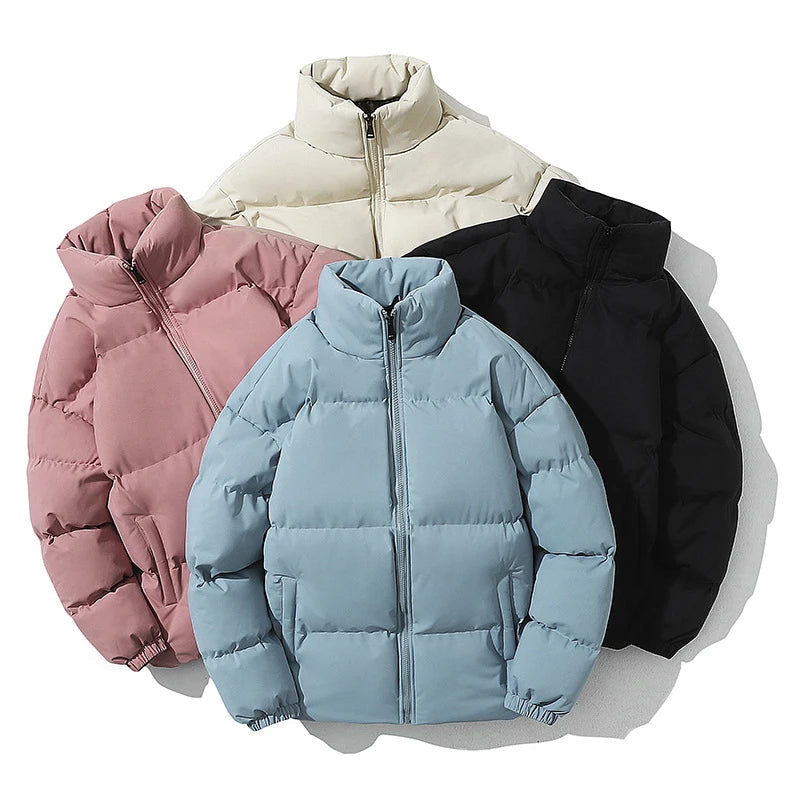 Women Men Winter Puffer Jacket, Solid Color Zip Up Stand Collar Warm Coat, Loose Casual Long Sleeve Outerwear For Daily