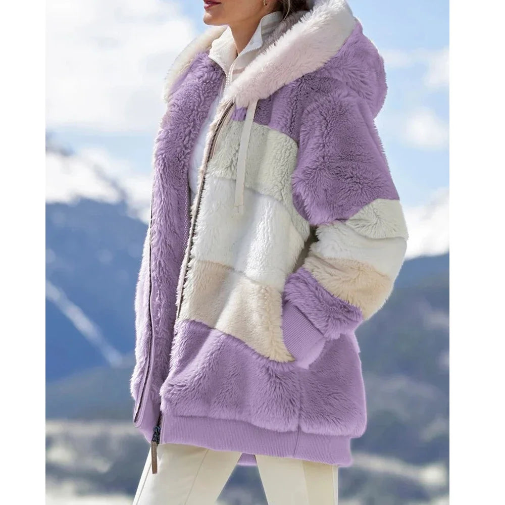 Winter Fashion Women's Coat 2026 Hooded Zipper Ladies Jacket Spliced Thick Cashmere Women Jacket Stitching Plaid Ladies Coats