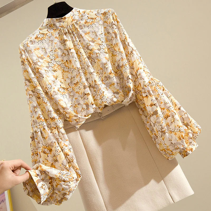 Floral Print Vintage Chiffon Stand Collar Lantern Sleeve Pullover Women's Blouse Shirt Casual Female Clothing Tops Fashion 2024