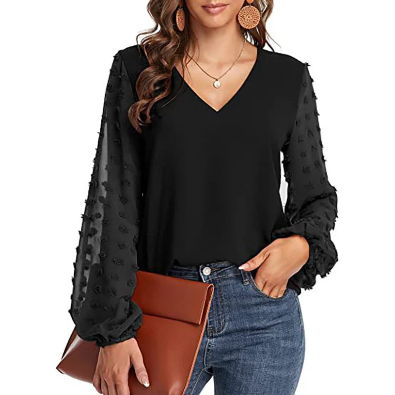 Elegant Chiffon Splicing Bubble Sleeve Blouse Female British Style Comfortable Commuter Shirt Women's V Neck Pullover Loose Tops