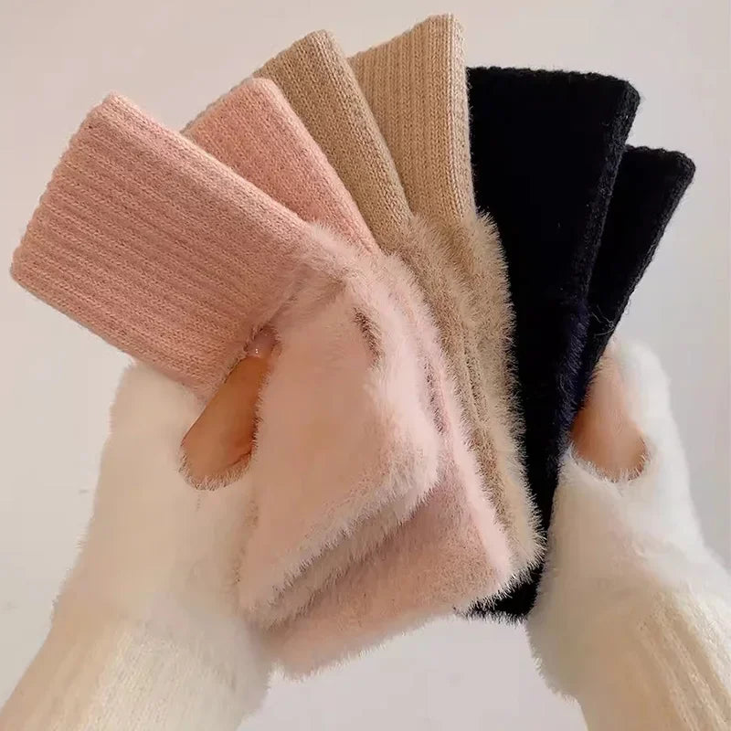 Women's Plush Knit Fingerless Gloves – Soft Wrist Warmers