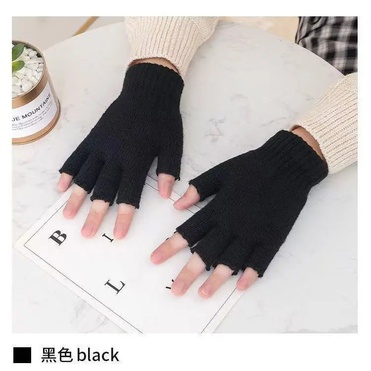 Thick Knit Fingerless Gloves – Unisex Black Half-Finger Gloves