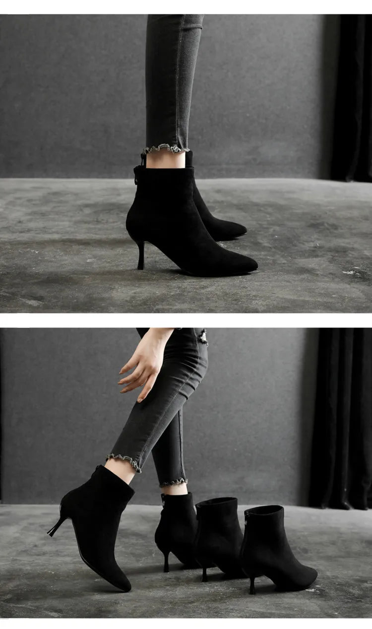 Suede Pointy Toe Ankle Boots Zipper Thin Heels Size 31-43 Winter Short Boots for Women High Heels Big Size High Heels