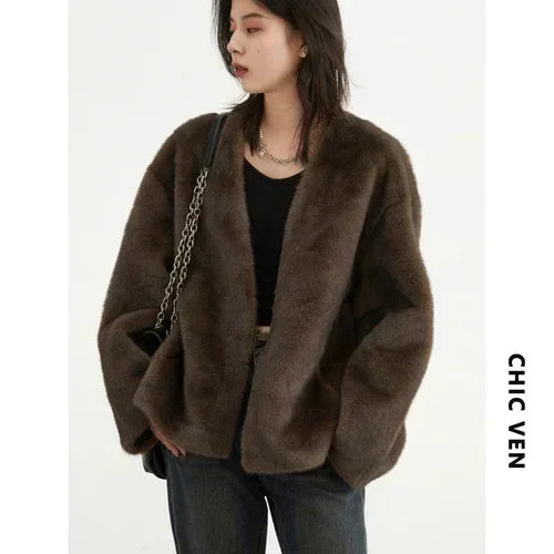 CHIC VEN Women's Jacket Loose Casual Solid Overcoat New Female Plush Coat V-neck Woman Outerwear Autumn Winter 2026