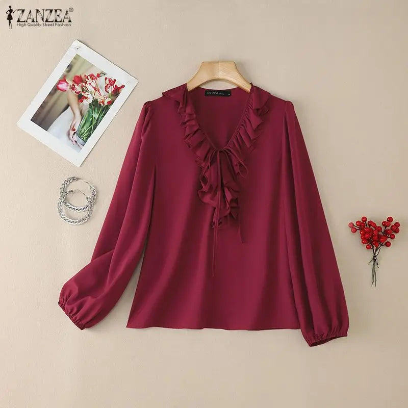 Ruffle Lace-Up V-Neck Blouse