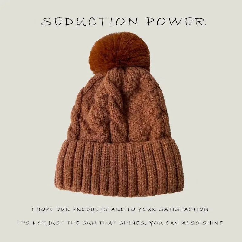 Women's Cable-Knit Pom-Pom Beanie – Plush-Lined Winter Hat