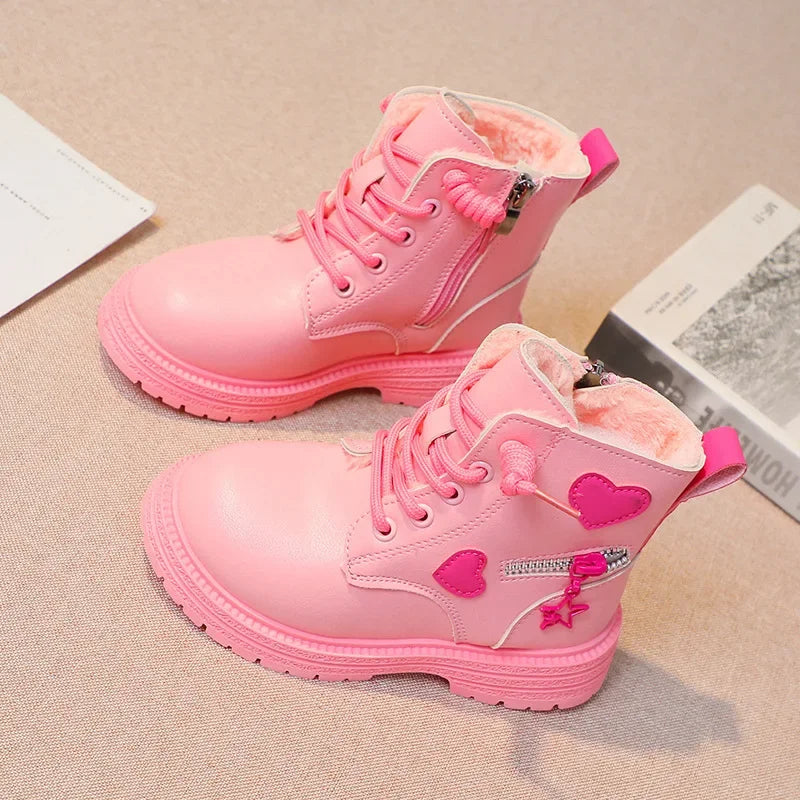 Black/pink Girls Leather Boots Velvet with Anti Slip Low Cut Side Zipper Winter Outdoor Girls Fashion Single Boot