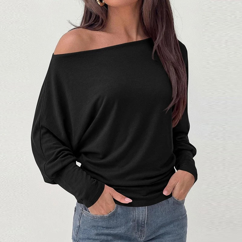 Elegant Off Shoulder Women T-Shirts Solid Color Long Sleeve Shirts For Women Spring Autumn Loose Pullover Lady Basic Tops