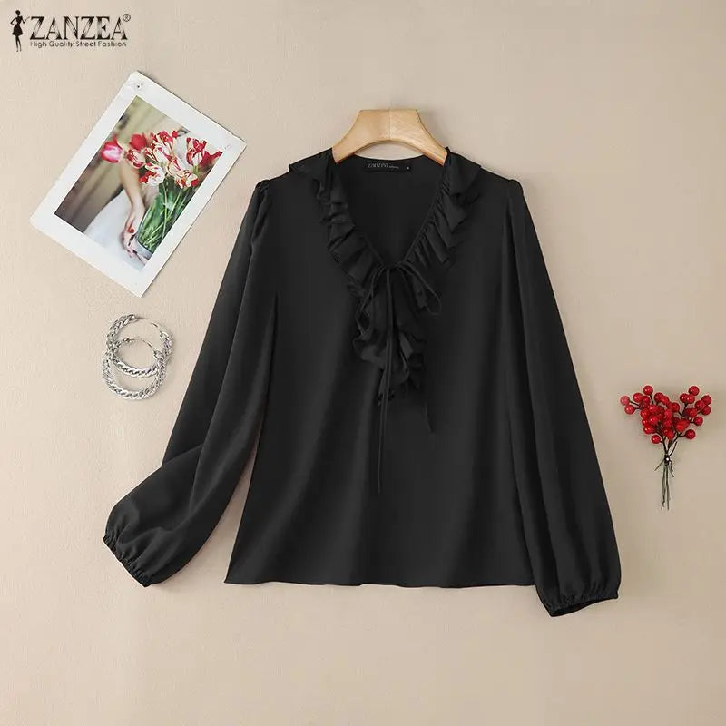Ruffle Lace-Up Lantern-Sleeve Blouse