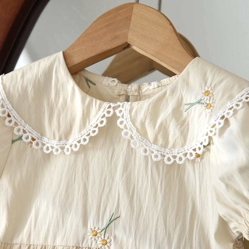 Girls' Beige Embroidered Doll Collar Dress - Bubble Sleeve Princess Dress, 6M-3Y