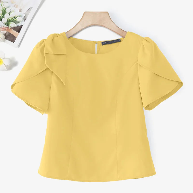 Women Blouse ZANZEA Elegant Office Lady Summer Short Puff Sleeve Bow Fashion Shirts 2025 Casual Solid Color Tops Tunic Blusas