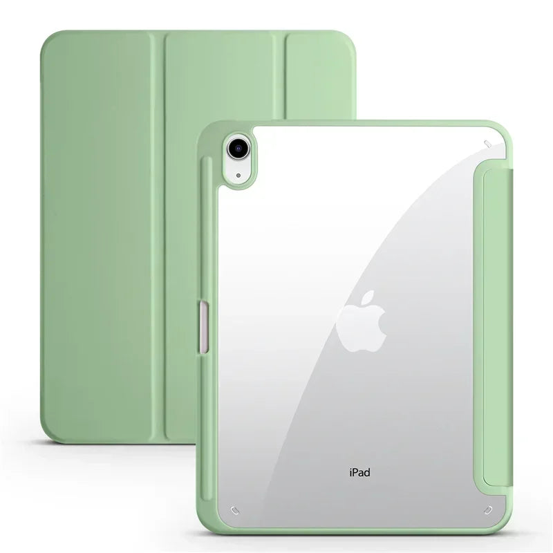 Green case for an iPad with clear back view