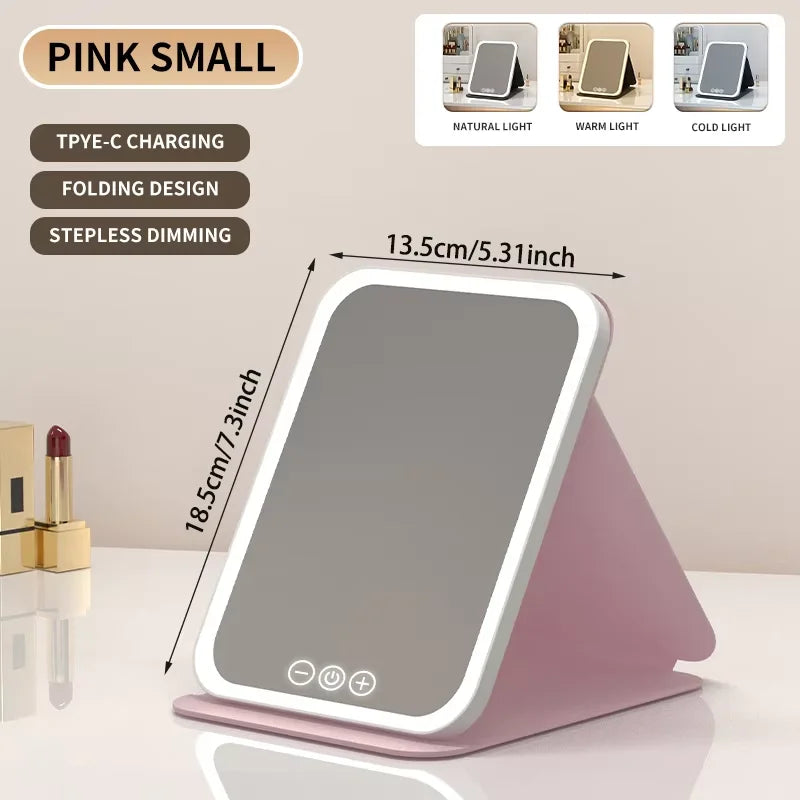 Foldable LED Makeup Mirror – 3 Light Colours, Dimmable Touch Control, Rechargeable