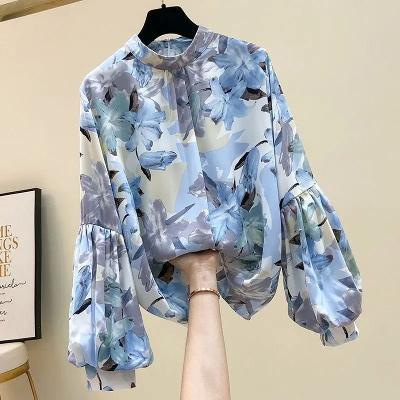 Yellow Floral Printing Chiffon Stand Collar Lantern Sleeve Pullover Women's Blouse Shirt Casual Female Clothing Tops Fashion