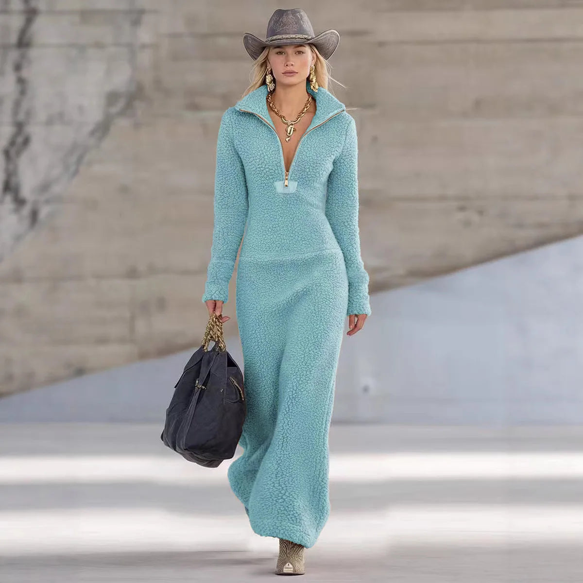 Women's V-Neck A-Line Midi Dress with Zip Detail