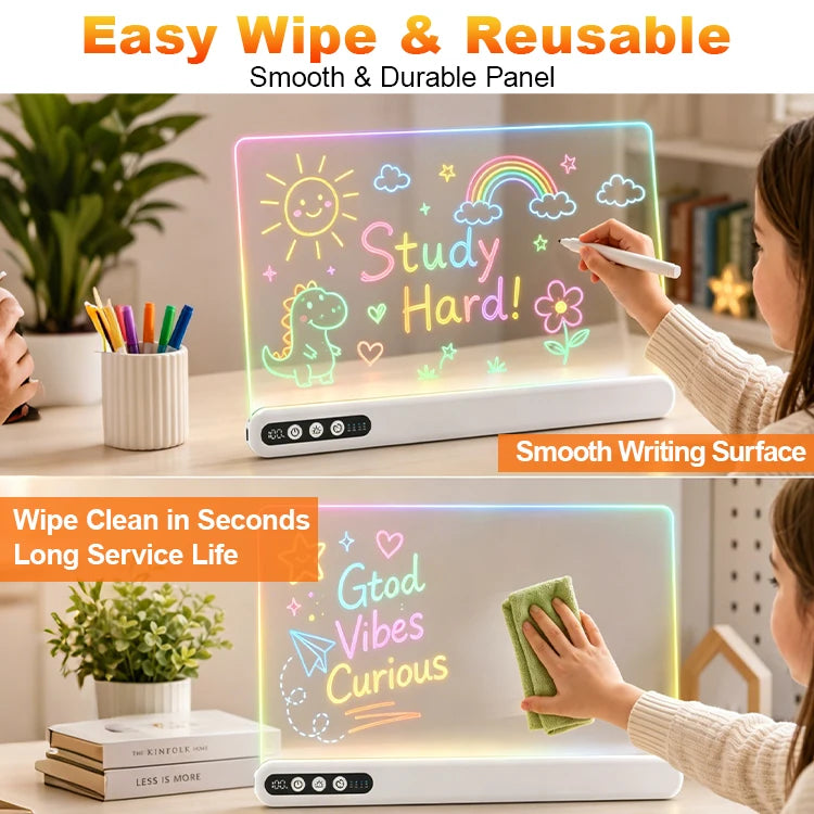 LED Light-Up Drawing Board – Rechargeable, with Timer & 7 Markers