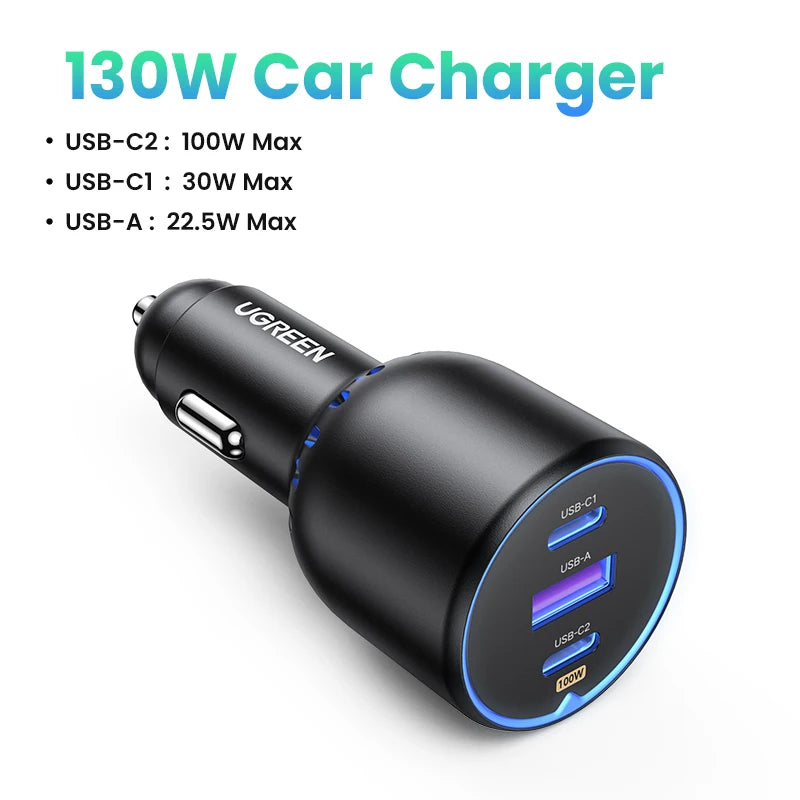 UGREEN 130W 3-Port USB-C Car Charger