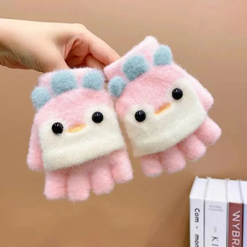 Kids' Penguin Flip-Top Mittens – Half-Finger Winter Gloves (Ages 2–6)