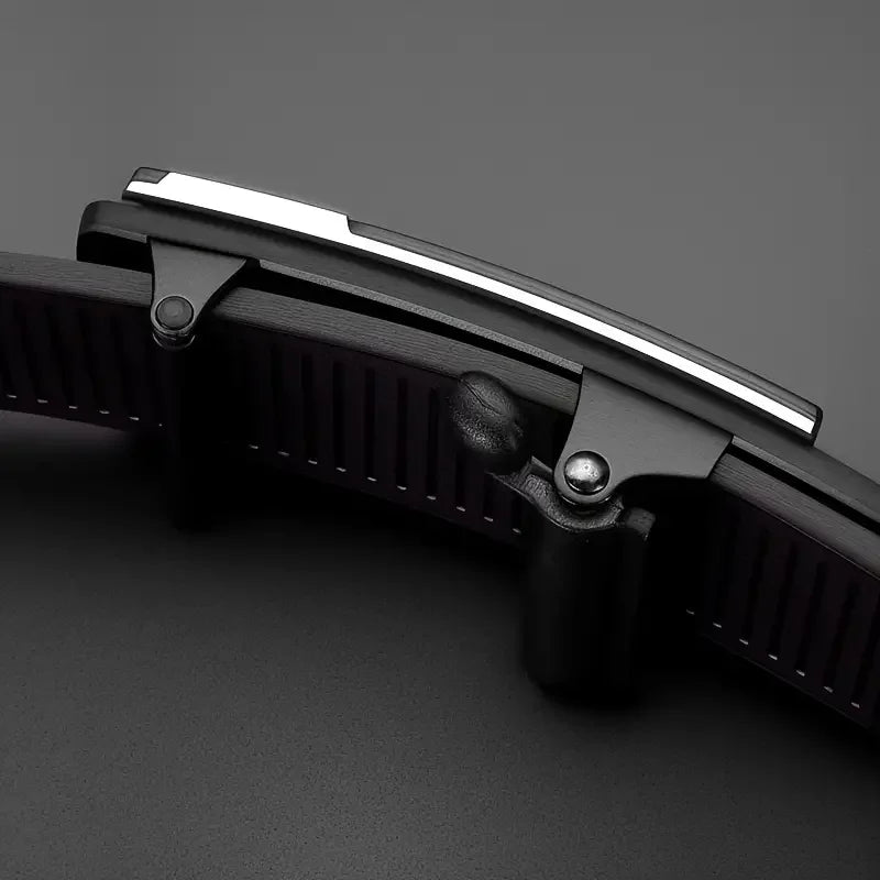 Men's Geometric Automatic Buckle Belt – Faux Leather, Gold, Silver or Gunmetal