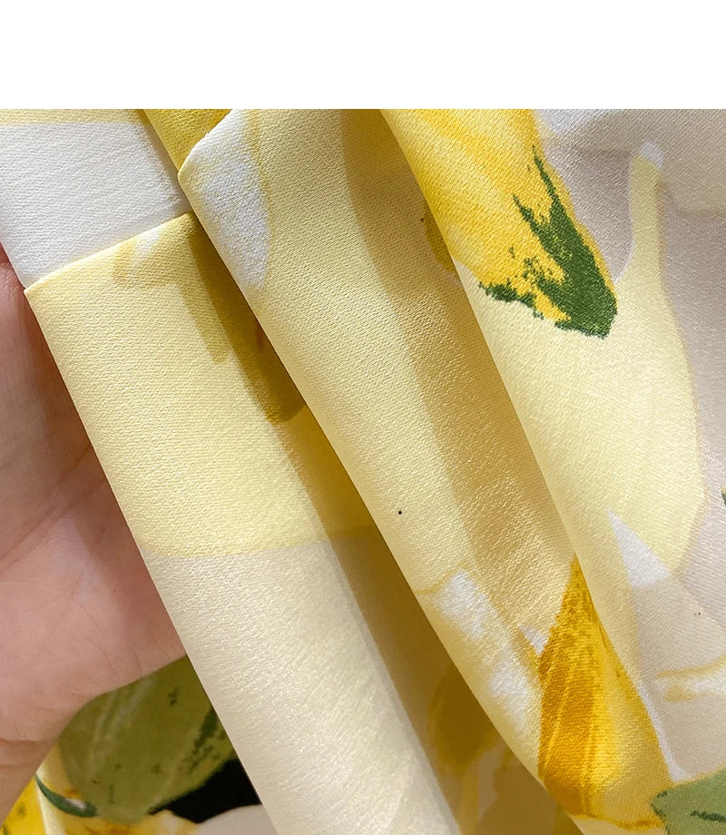 Yellow Floral Printing Chiffon Stand Collar Lantern Sleeve Pullover Women's Blouse Shirt Casual Female Clothing Tops Fashion