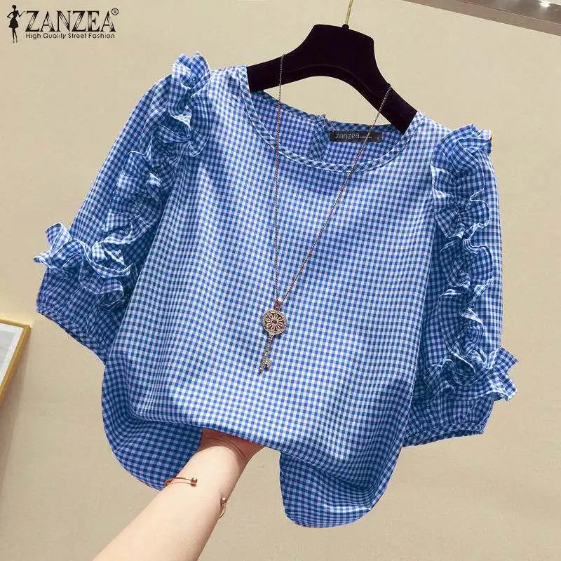 Ruffle-Trim Plaid Lantern-Sleeve Blouse